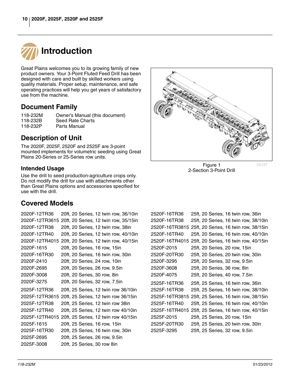 Introduction, Document family, Description of unit | Intended usage, Covered models, Introduction document family description of unit | Great Plains 2525F Operator Manual User Manual | Page 14 / 88