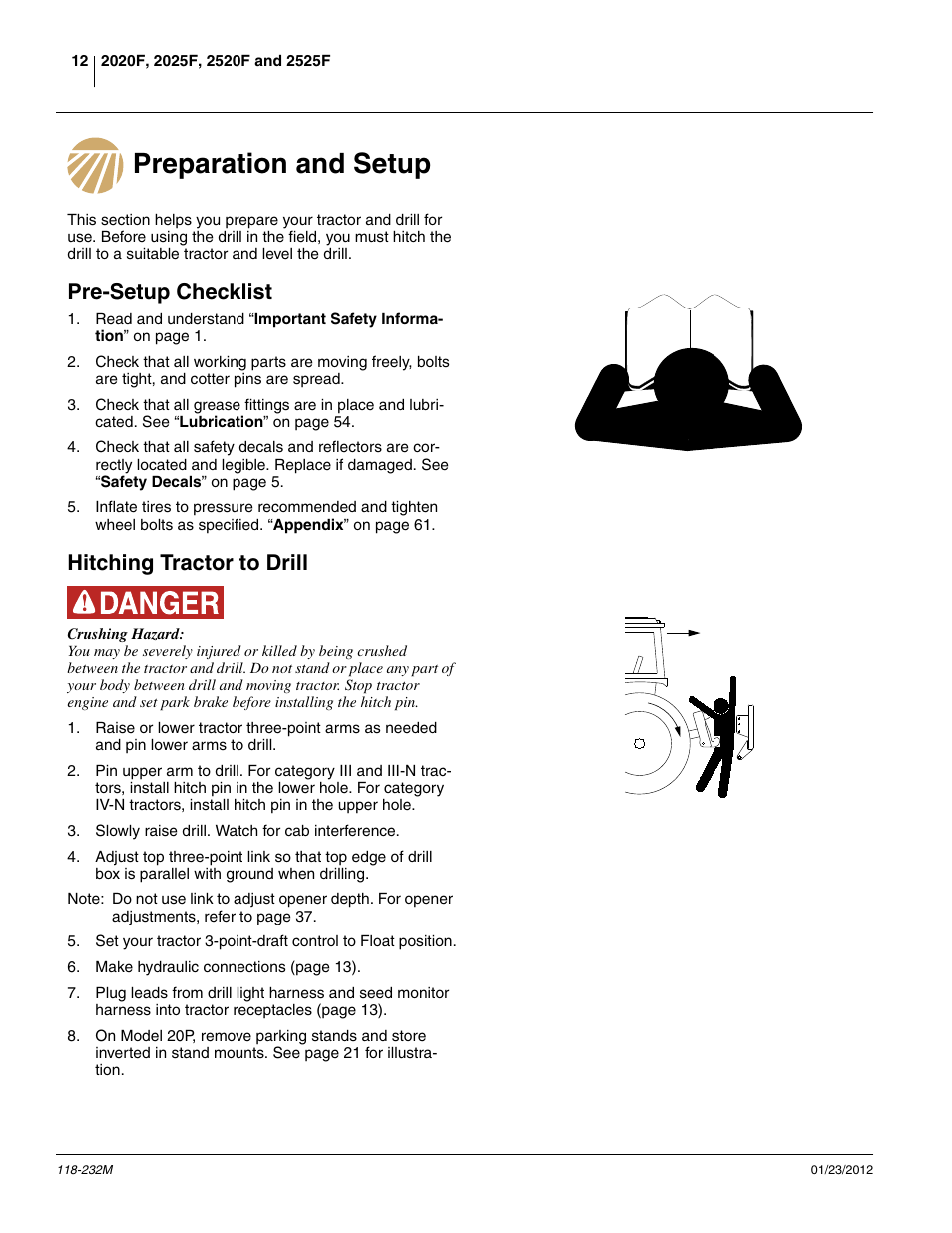 Preparation and setup, Pre-setup checklist, Hitching tractor to drill | Great Plains 2525F Operator Manual User Manual | Page 16 / 88