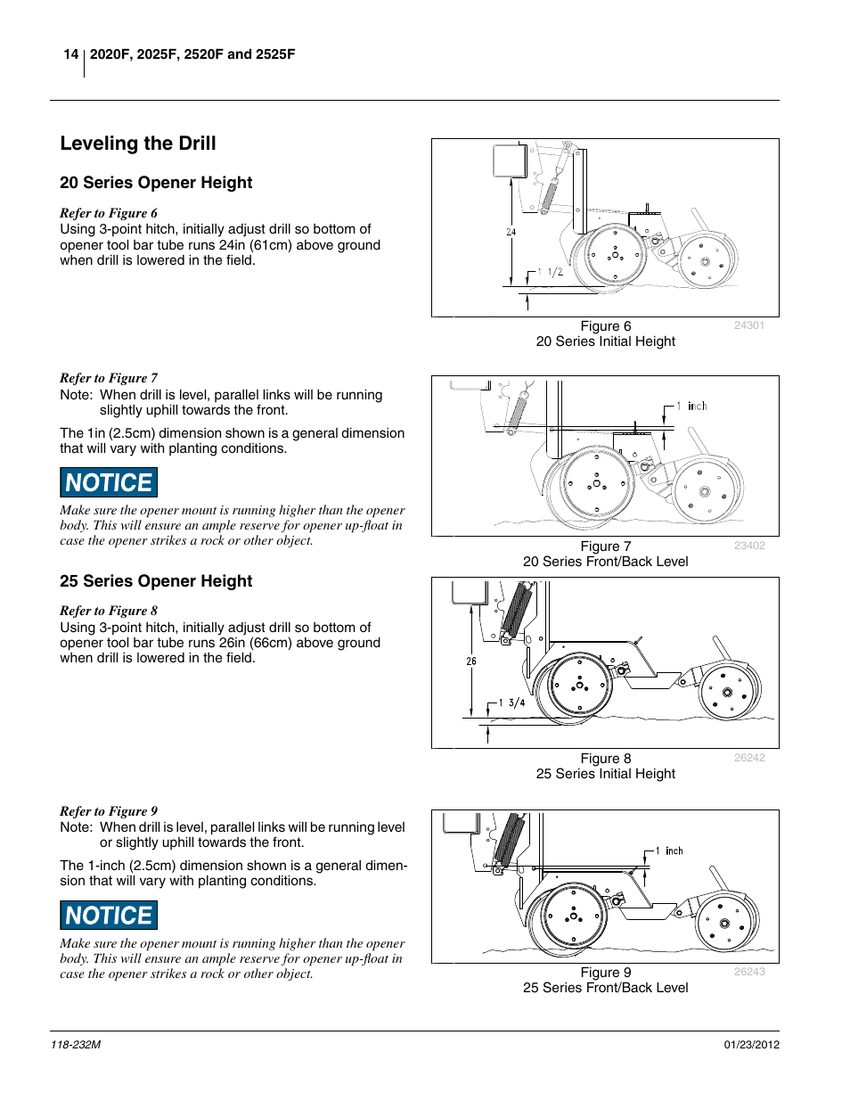 Leveling the drill, 20 series opener height, 25 series opener height | 20 series opener height 25 series opener height | Great Plains 2525F Operator Manual User Manual | Page 18 / 88