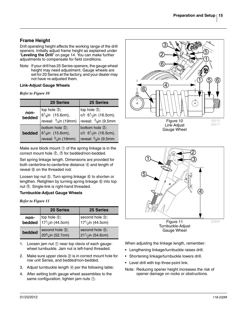 Frame height, Link-adjust gauge wheels, Turnbuckle-adjust gauge wheels | Great Plains 2525F Operator Manual User Manual | Page 19 / 88