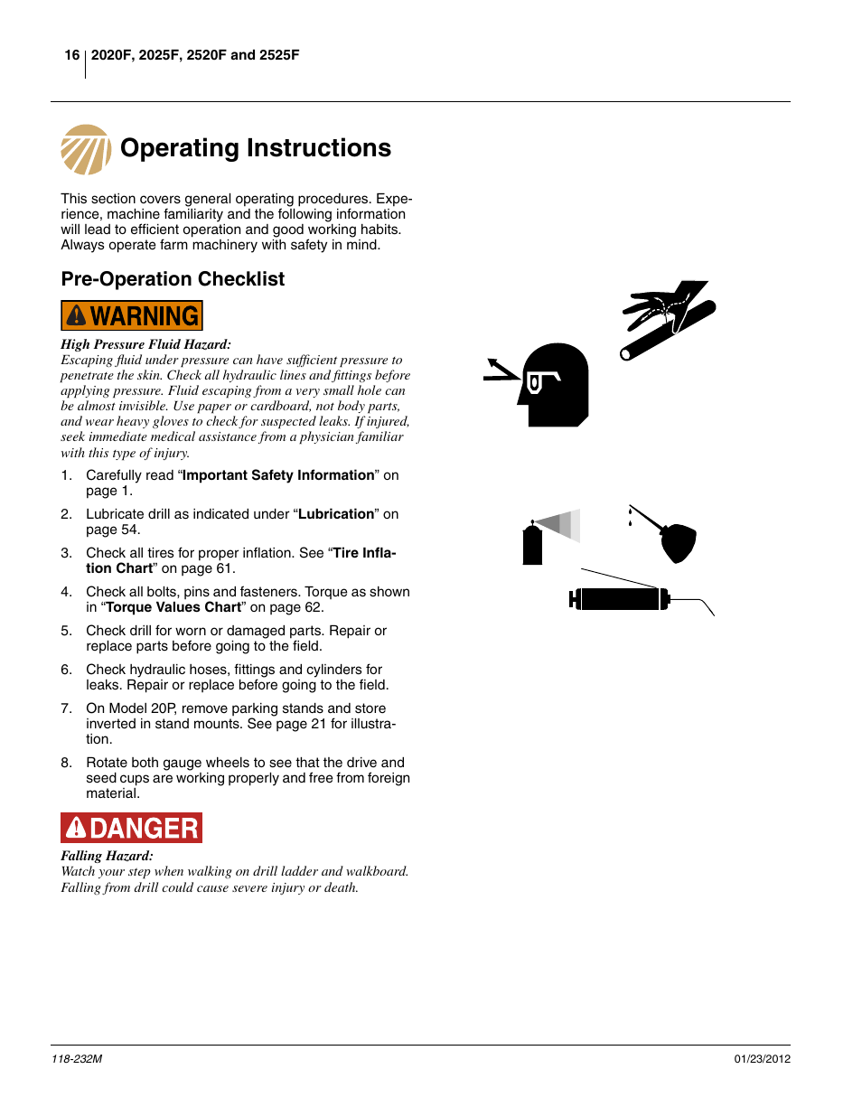 Operating instructions, Pre-operation checklist, Operating instructions pre-operation checklist | Great Plains 2525F Operator Manual User Manual | Page 20 / 88