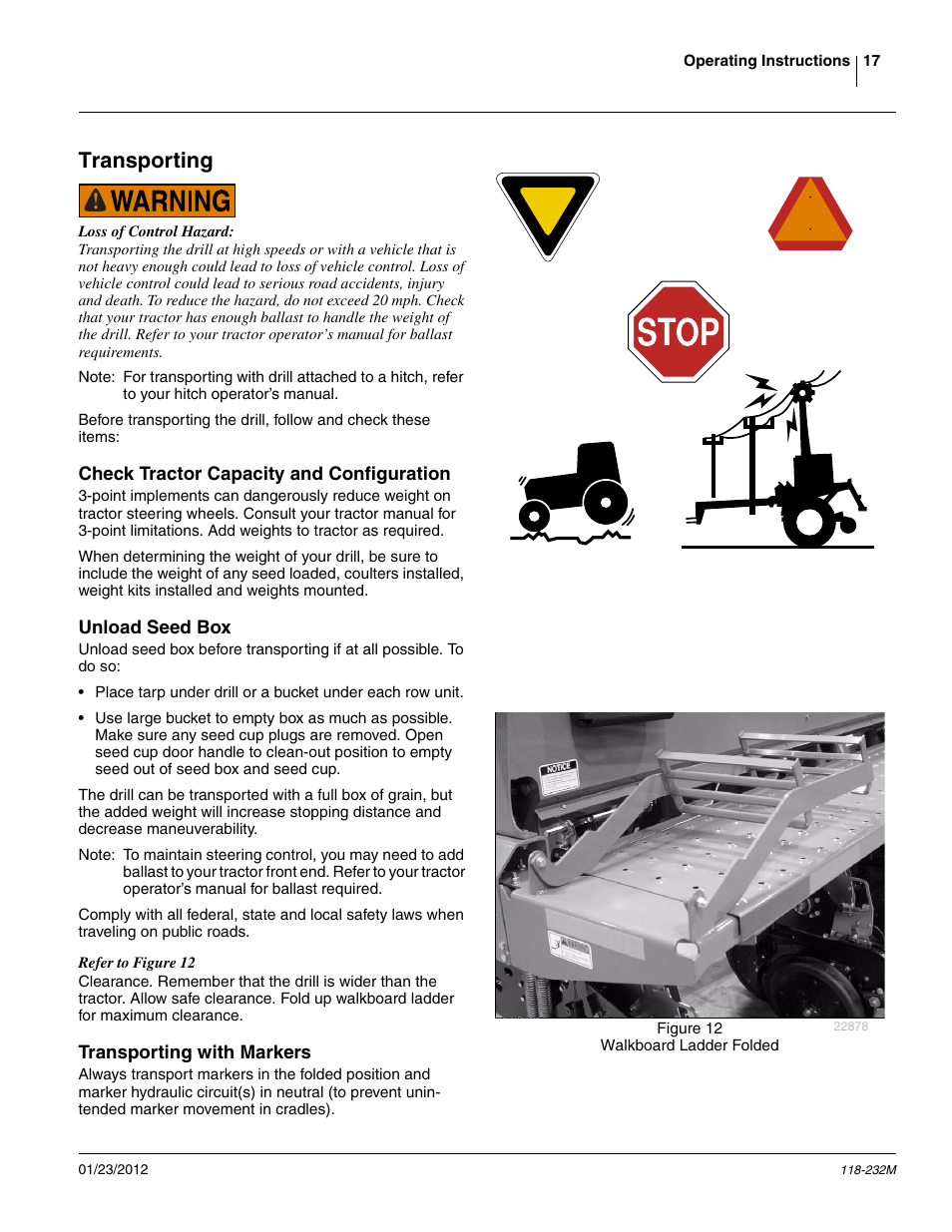 Transporting, Check tractor capacity and configuration, Unload seed box | Transporting with markers | Great Plains 2525F Operator Manual User Manual | Page 21 / 88