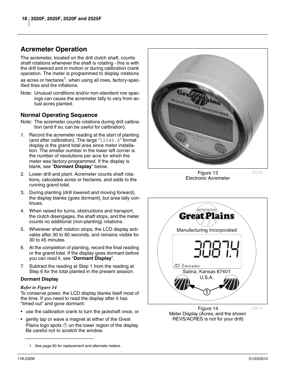 Acremeter operation, Normal operating sequence, Dormant display | Great Plains 2525F Operator Manual User Manual | Page 22 / 88