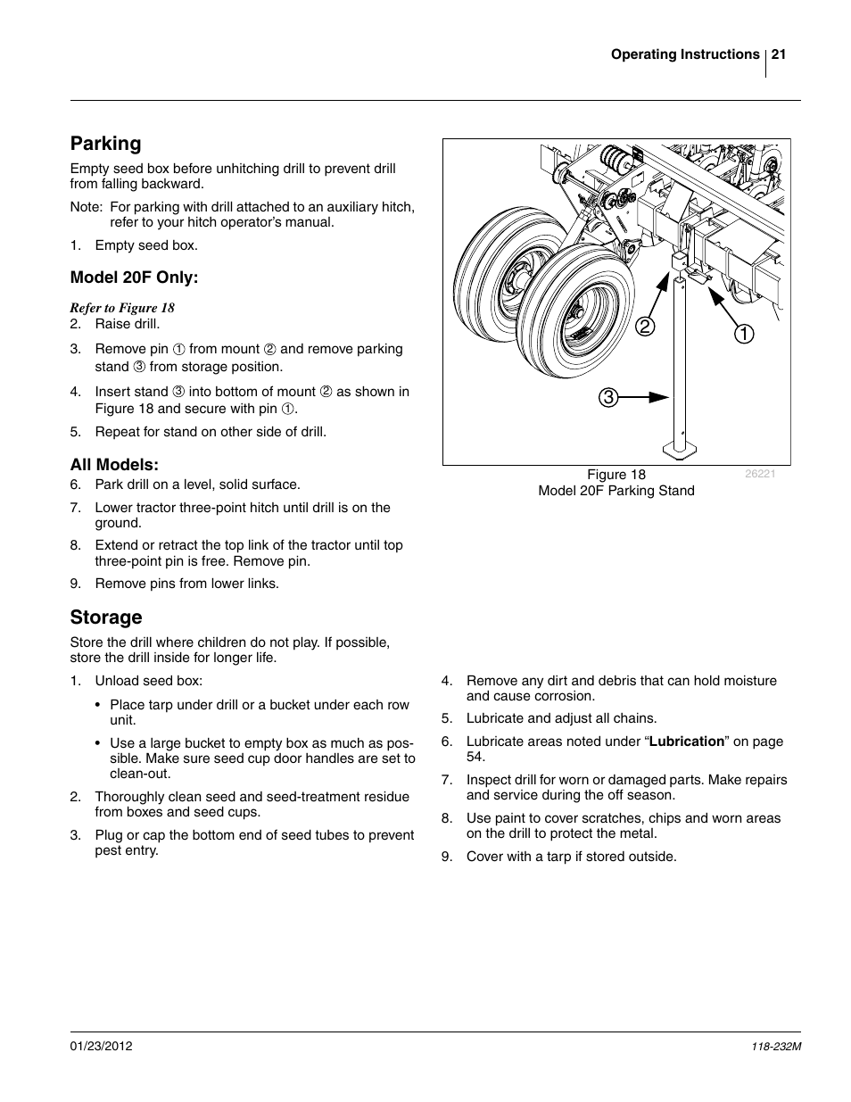 Parking, Model 20f only, All models | Storage, Model 20f only: all models | Great Plains 2525F Operator Manual User Manual | Page 25 / 88