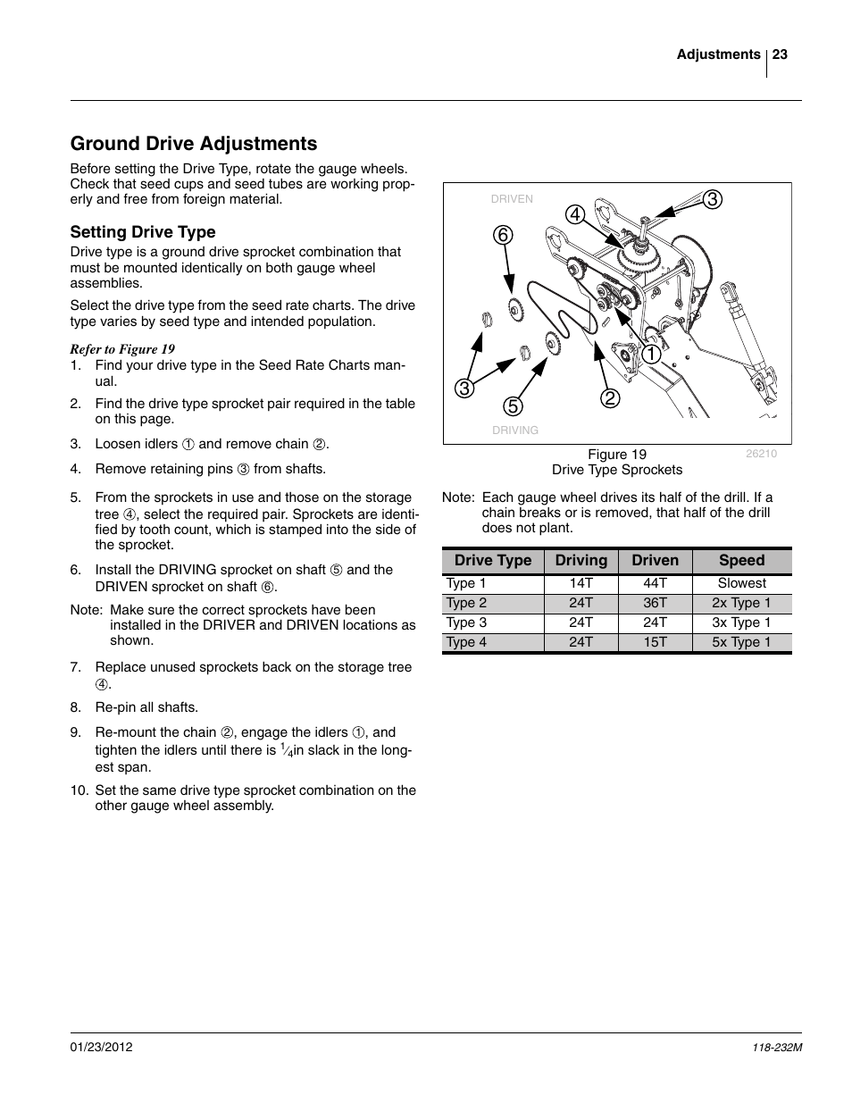 Ground drive adjustments, Setting drive type | Great Plains 2525F Operator Manual User Manual | Page 27 / 88