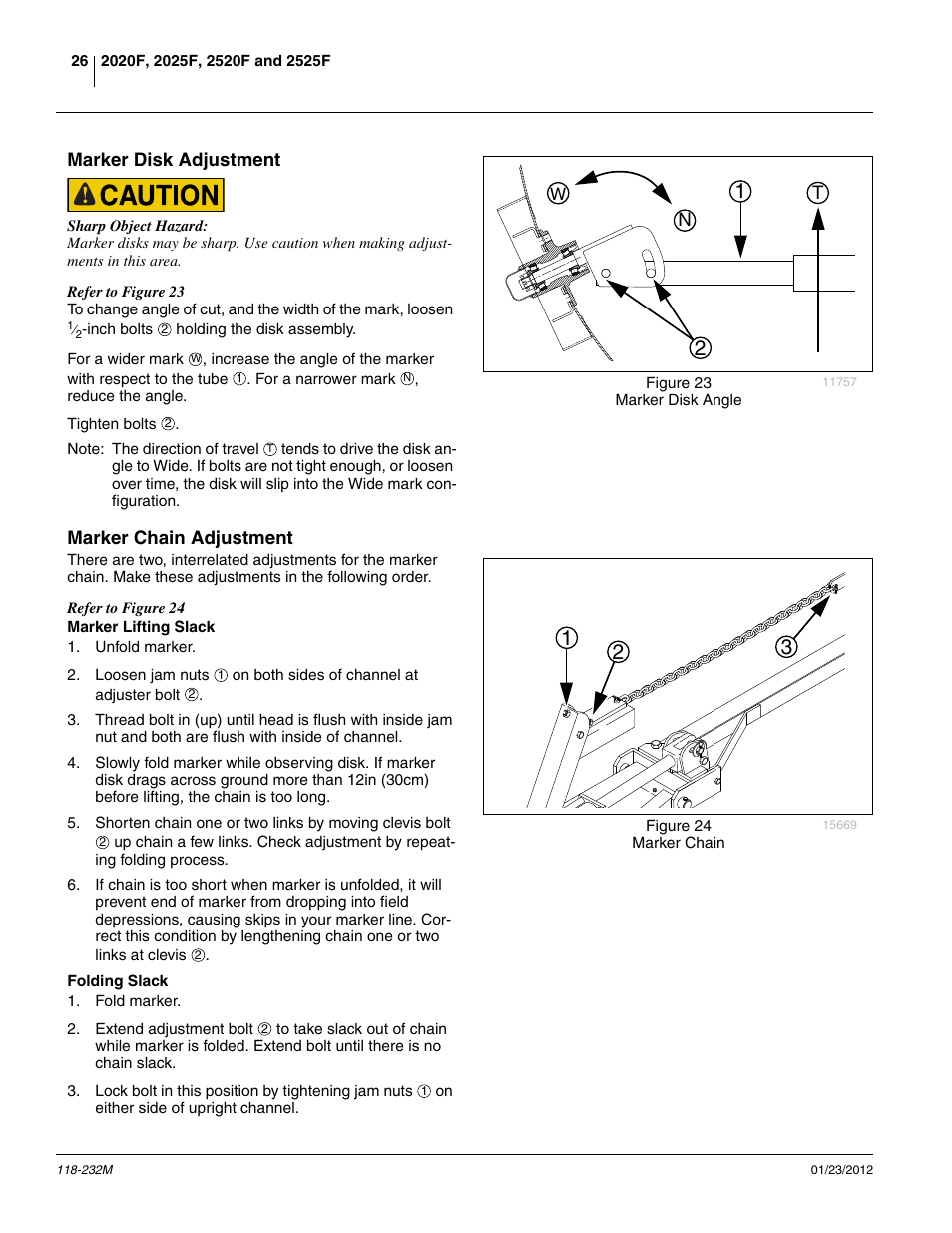 Marker disk adjustment, Marker chain adjustment, Marker lifting slack | Folding slack, Marker disk adjustment marker chain adjustment, Marker lifting slack folding slack | Great Plains 2525F Operator Manual User Manual | Page 30 / 88