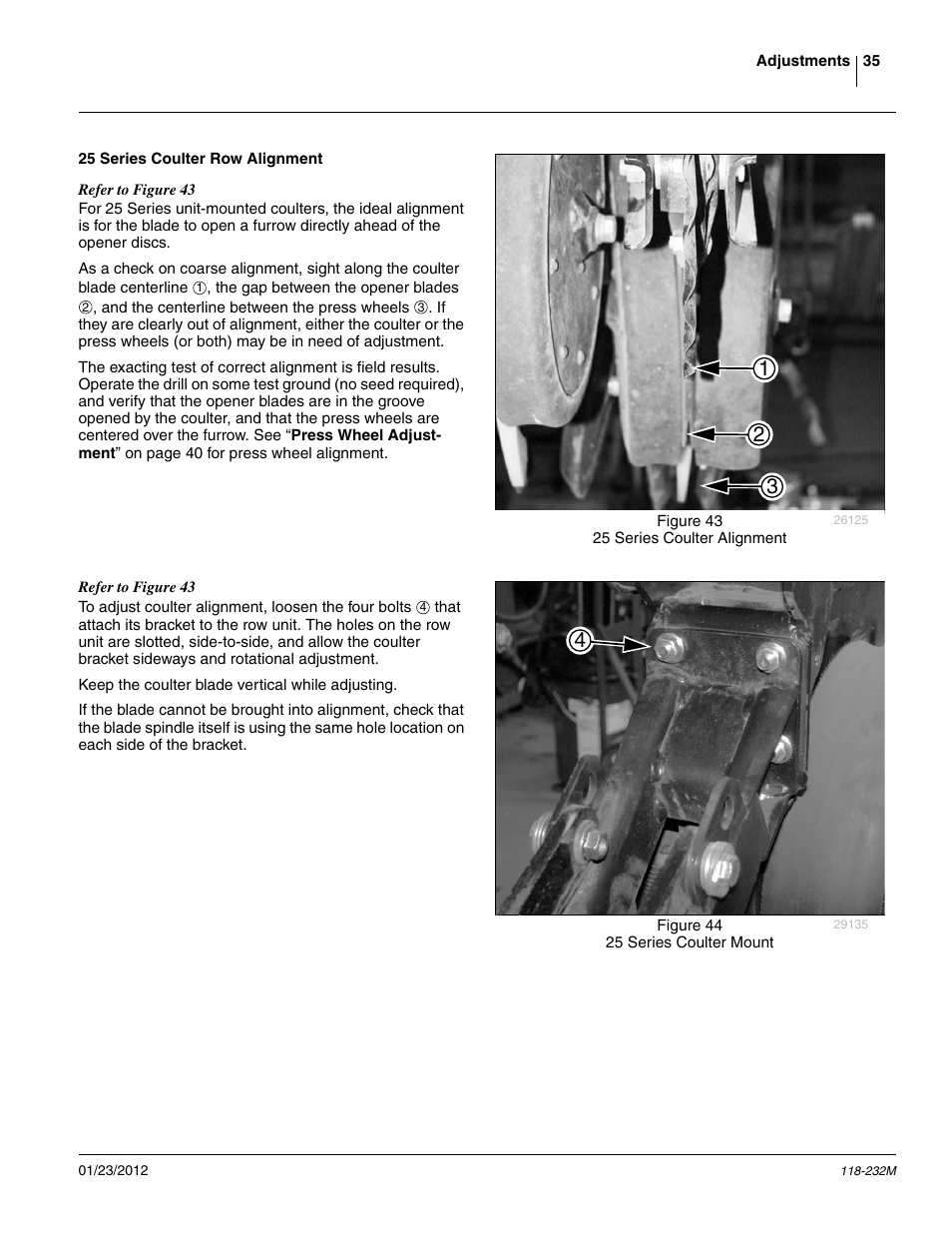 25 series coulter row alignment | Great Plains 2525F Operator Manual User Manual | Page 39 / 88