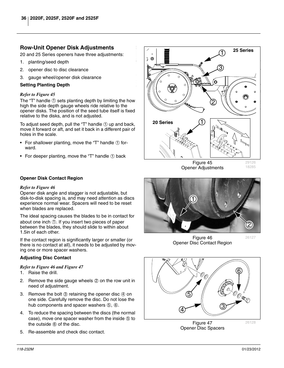 Row-unit opener disk adjustments, Setting planting depth, Opener disk contact region | Adjusting disc contact | Great Plains 2525F Operator Manual User Manual | Page 40 / 88
