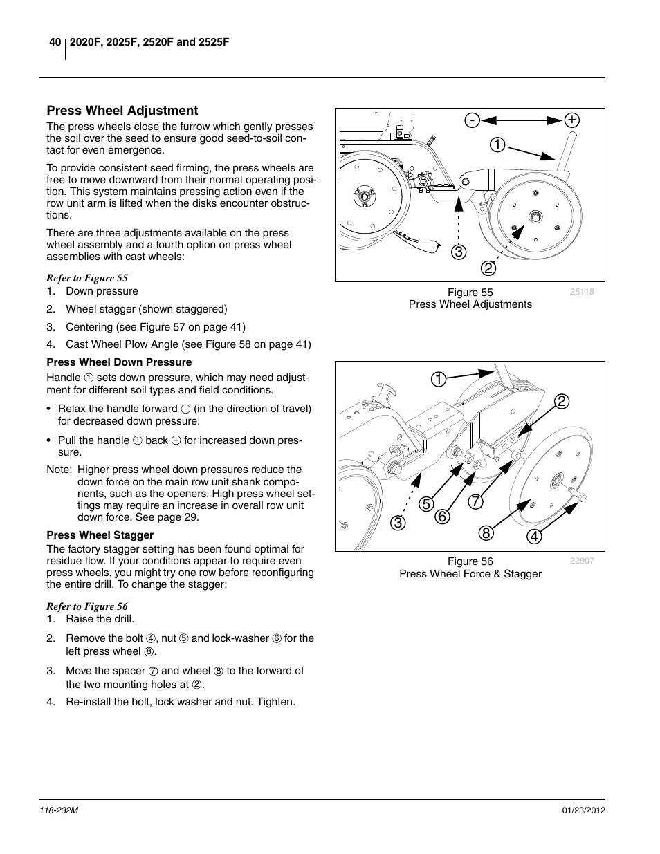 Press wheel adjustment, Press wheel down pressure, Press wheel stagger | Press wheel down pressure press wheel stagger | Great Plains 2525F Operator Manual User Manual | Page 44 / 88