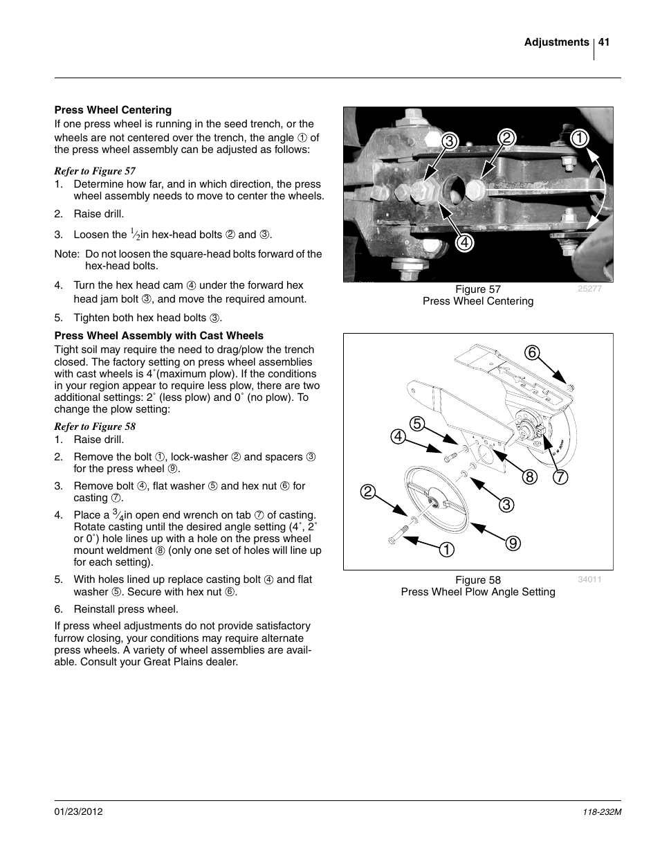 Press wheel centering, Press wheel assembly with cast wheels | Great Plains 2525F Operator Manual User Manual | Page 45 / 88