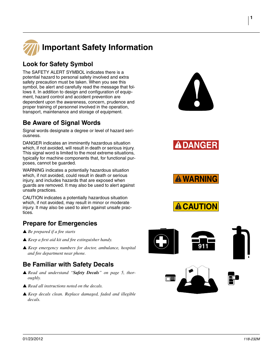 Important safety information, Look for safety symbol, Be aware of signal words | Prepare for emergencies, Be familiar with safety decals | Great Plains 2525F Operator Manual User Manual | Page 5 / 88