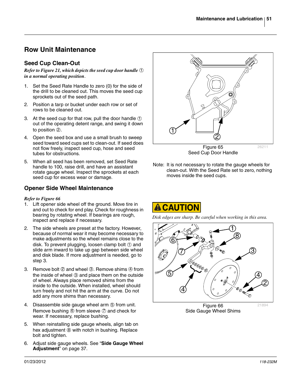 Row unit maintenance, Seed cup clean-out, Opener side wheel maintenance | Seed cup clean-out opener side wheel maintenance | Great Plains 2525F Operator Manual User Manual | Page 55 / 88