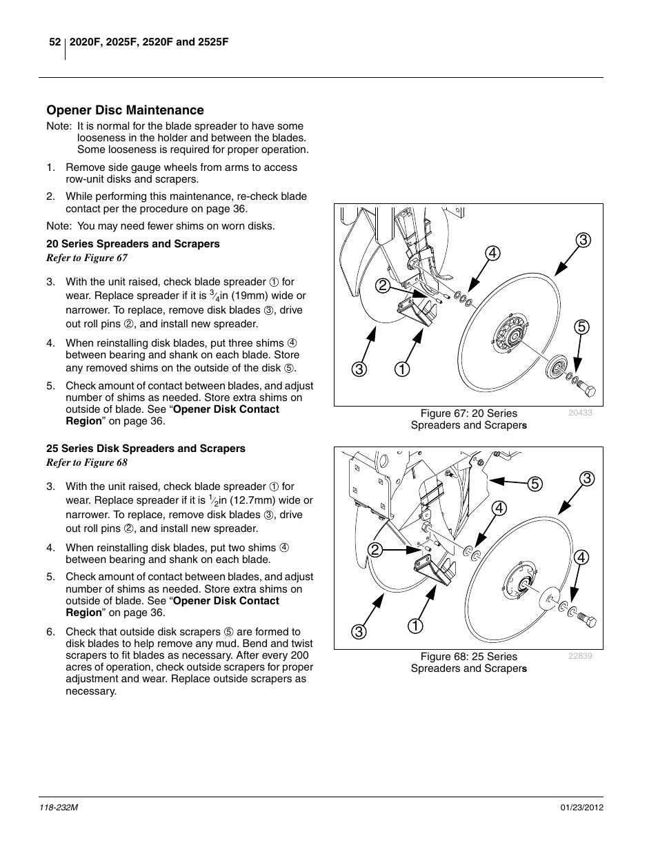 Opener disc maintenance, 20 series spreaders and scrapers, 25 series disk spreaders and scrapers | Great Plains 2525F Operator Manual User Manual | Page 56 / 88