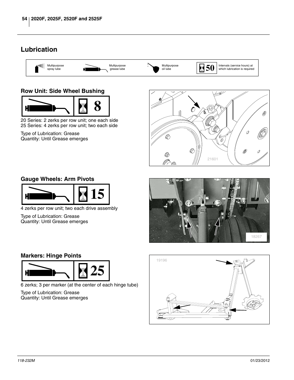 Lubrication, Row unit: side wheel bushing, Gauge wheels: arm pivots | Markers: hinge points | Great Plains 2525F Operator Manual User Manual | Page 58 / 88