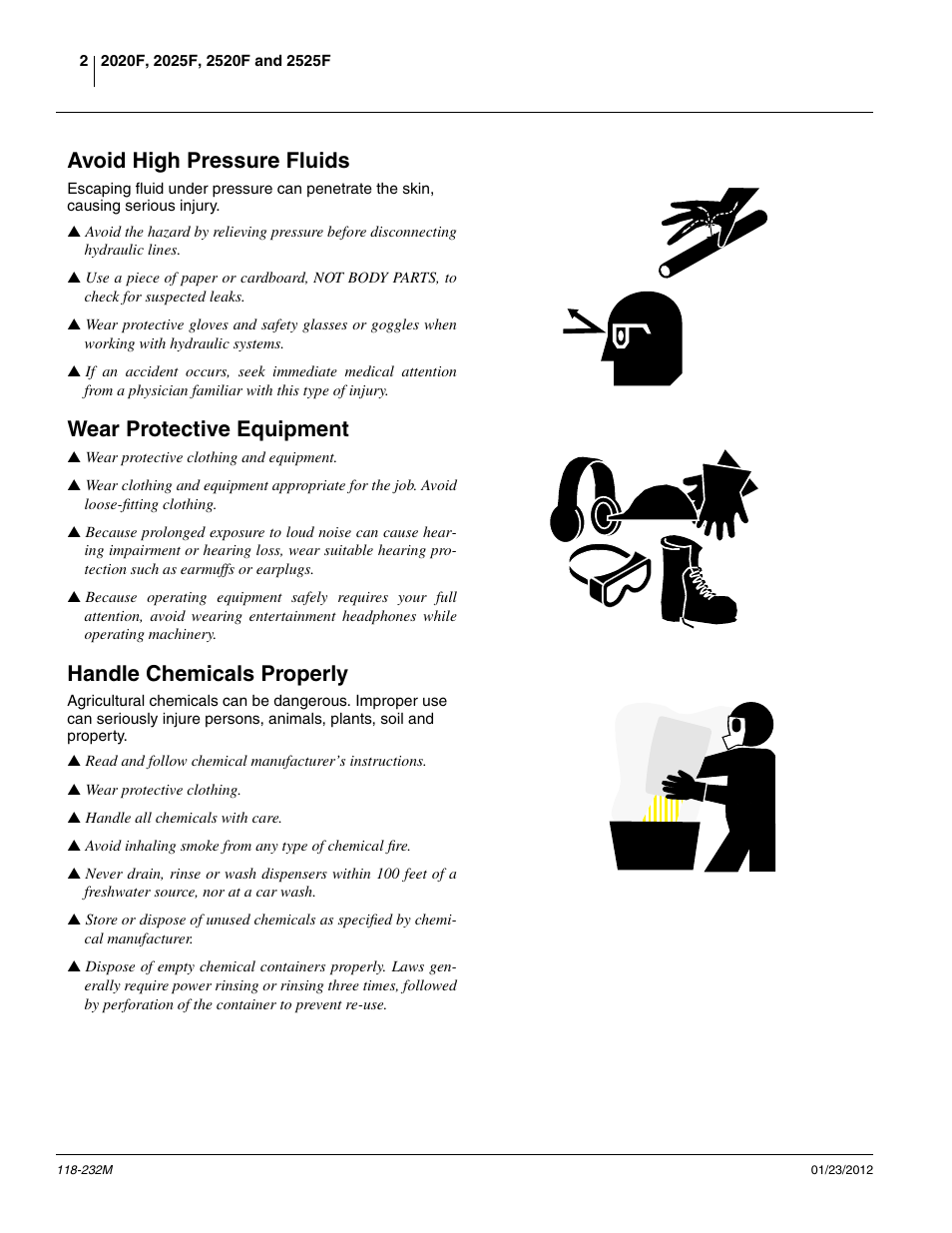 Avoid high pressure fluids, Wear protective equipment, Handle chemicals properly | Great Plains 2525F Operator Manual User Manual | Page 6 / 88