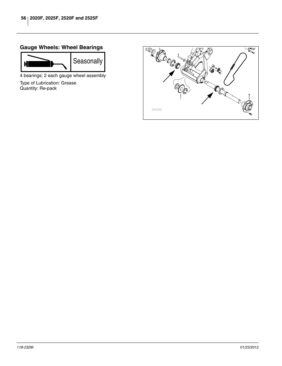 Gauge wheels: wheel bearings, Seasonally | Great Plains 2525F Operator Manual User Manual | Page 60 / 88