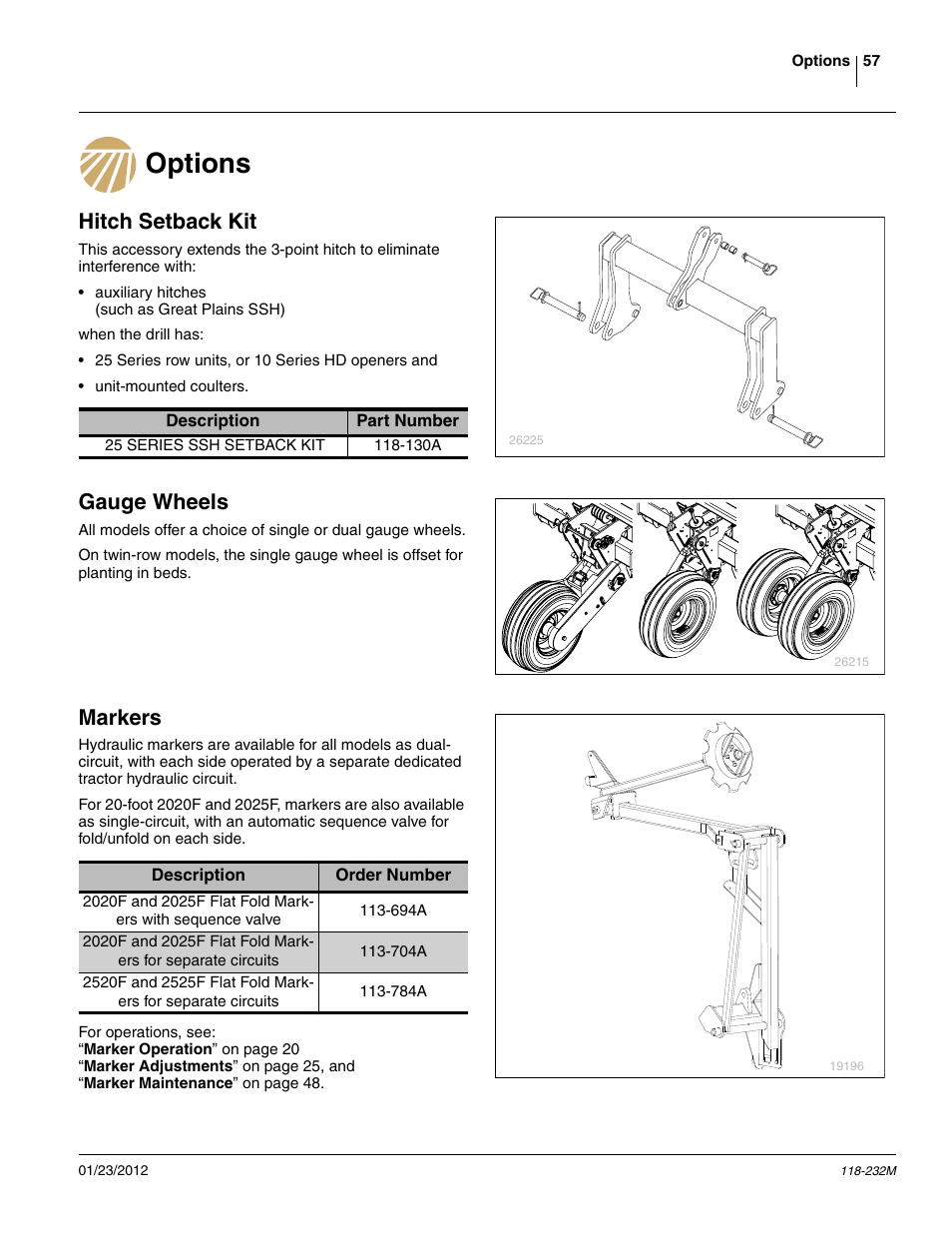Options, Hitch setback kit, Gauge wheels | Markers, Options hitch setback kit gauge wheels markers | Great Plains 2525F Operator Manual User Manual | Page 61 / 88