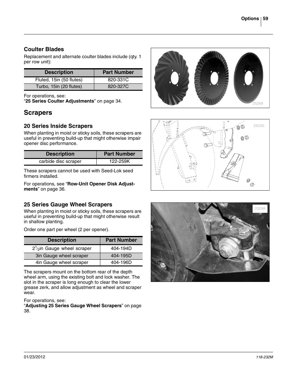 Coulter blades, Scrapers, 20 series inside scrapers | 25 series gauge wheel scrapers | Great Plains 2525F Operator Manual User Manual | Page 63 / 88
