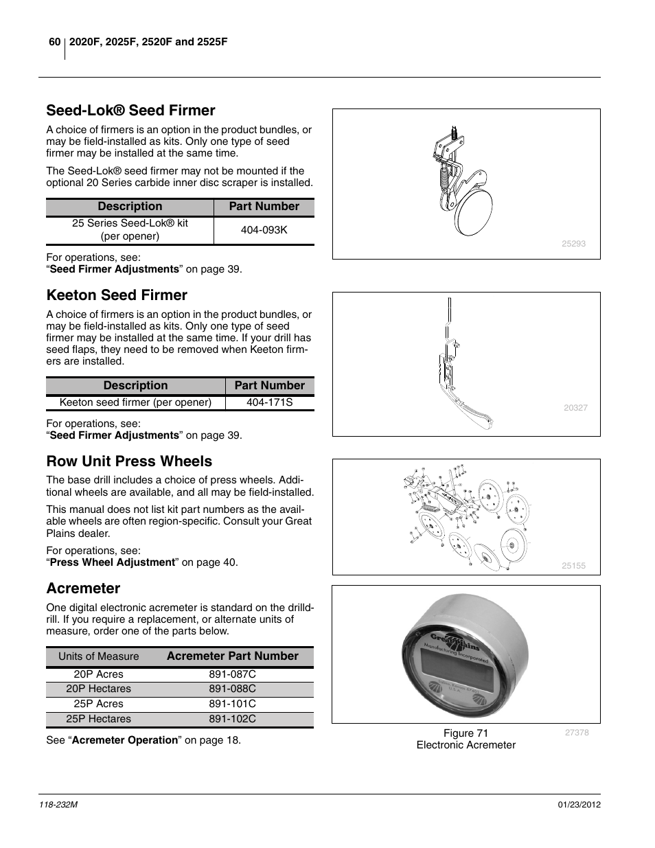 Seed-lok® seed firmer, Keeton seed firmer, Row unit press wheels | Acremeter | Great Plains 2525F Operator Manual User Manual | Page 64 / 88