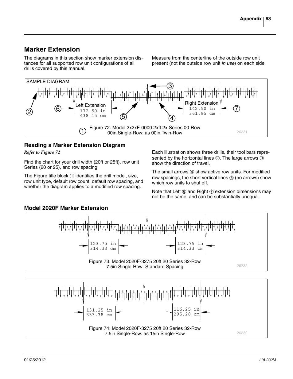 Marker extension, Reading a marker extension diagram, Model 2020f marker extension | Refer to figure 73, 5 to tr30, 5 to 15 | Great Plains 2525F Operator Manual User Manual | Page 67 / 88