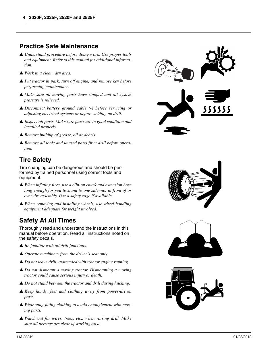 Practice safe maintenance, Tire safety, Safety at all times | Great Plains 2525F Operator Manual User Manual | Page 8 / 88
