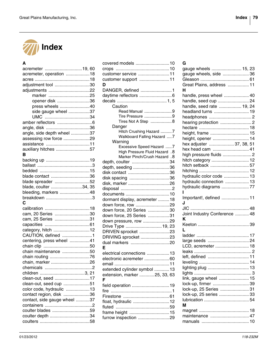 Index | Great Plains 2525F Operator Manual User Manual | Page 83 / 88