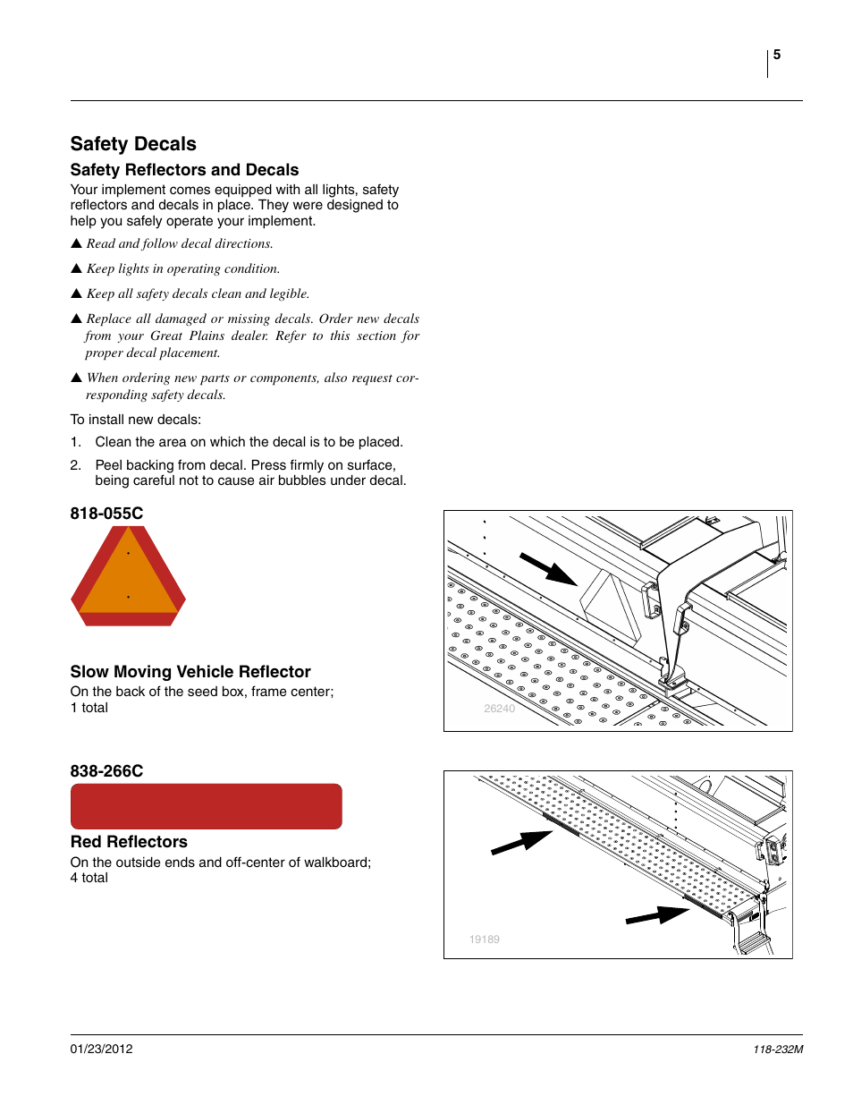 Safety decals, Safety reflectors and decals, 055c slow moving vehicle reflector | 266c red reflectors | Great Plains 2525F Operator Manual User Manual | Page 9 / 88