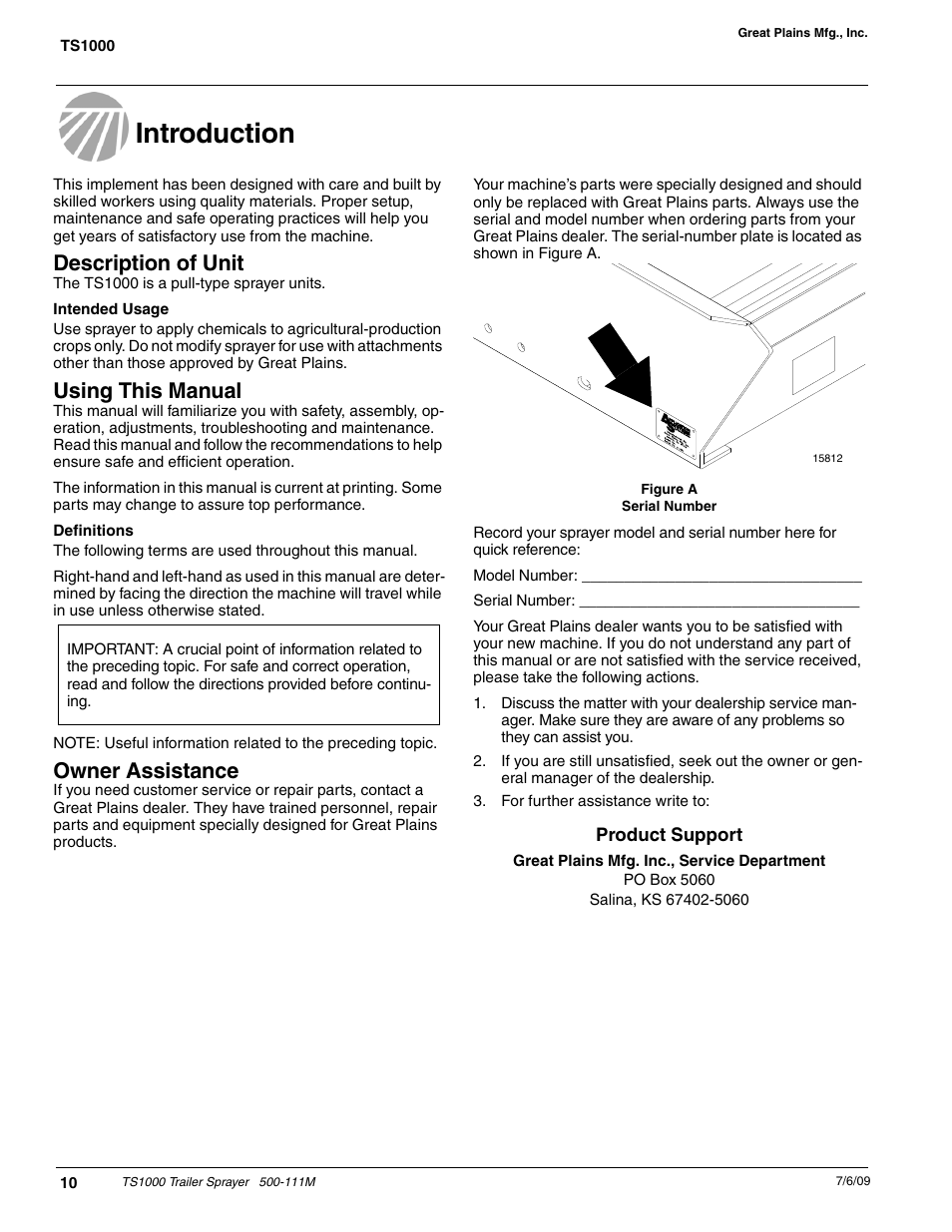 Introduction, Description of unit, Using this manual | Owner assistance | Great Plains TS1000 Trailer Sprayer Operator Manual User Manual | Page 12 / 39