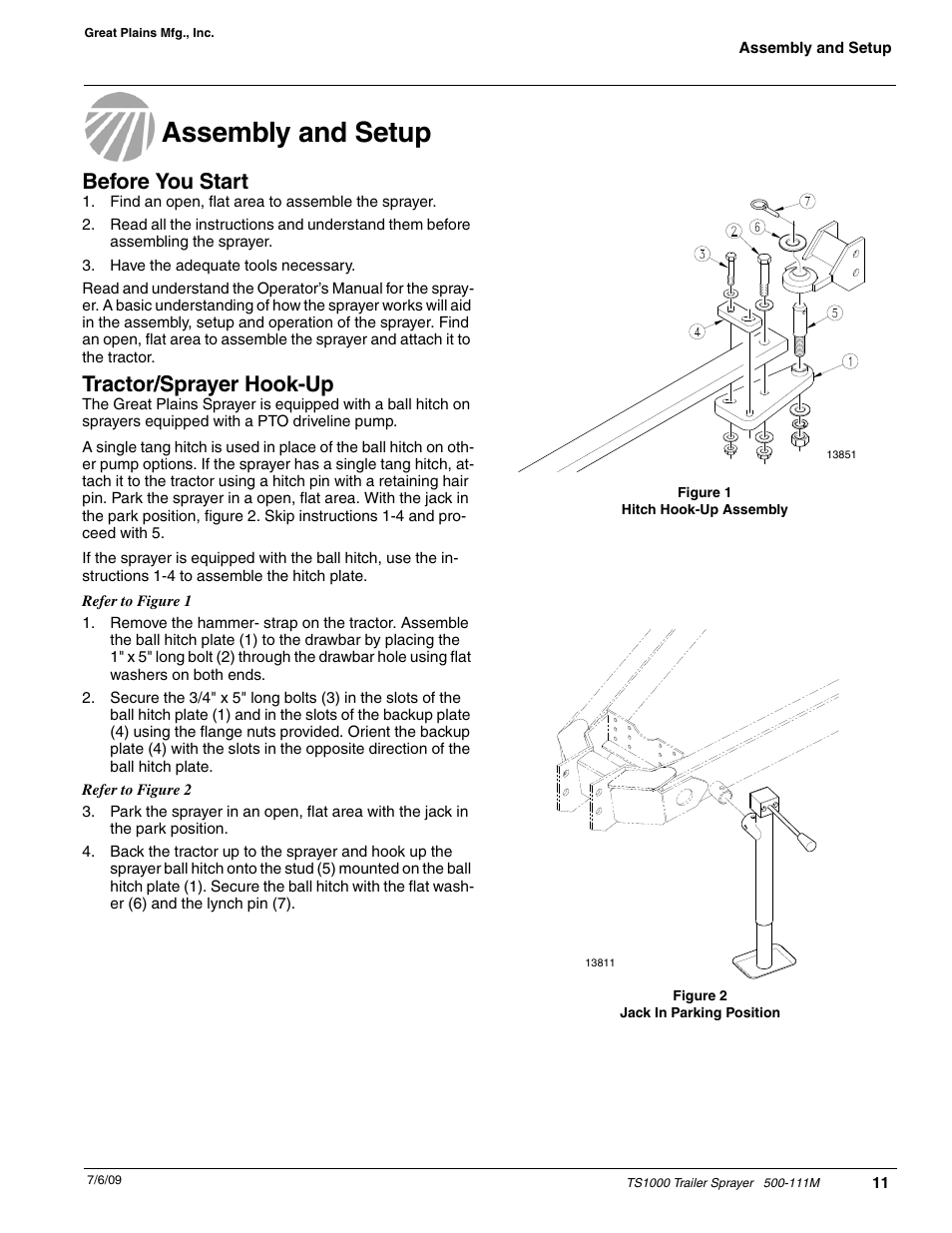 Assembly and setup, Before you start, Tractor/sprayer hook-up | Great Plains TS1000 Trailer Sprayer Operator Manual User Manual | Page 13 / 39