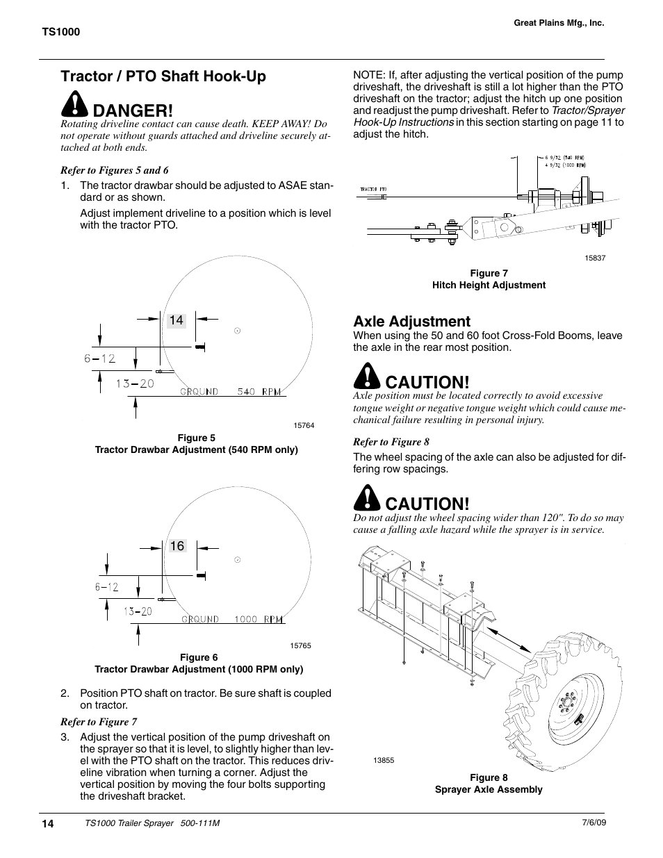 Danger, Caution, Tractor / pto shaft hook-up | Axle adjustment | Great Plains TS1000 Trailer Sprayer Operator Manual User Manual | Page 16 / 39