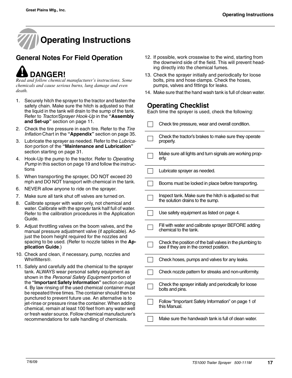 Operating instructions, Danger, Operating checklist | Great Plains TS1000 Trailer Sprayer Operator Manual User Manual | Page 19 / 39