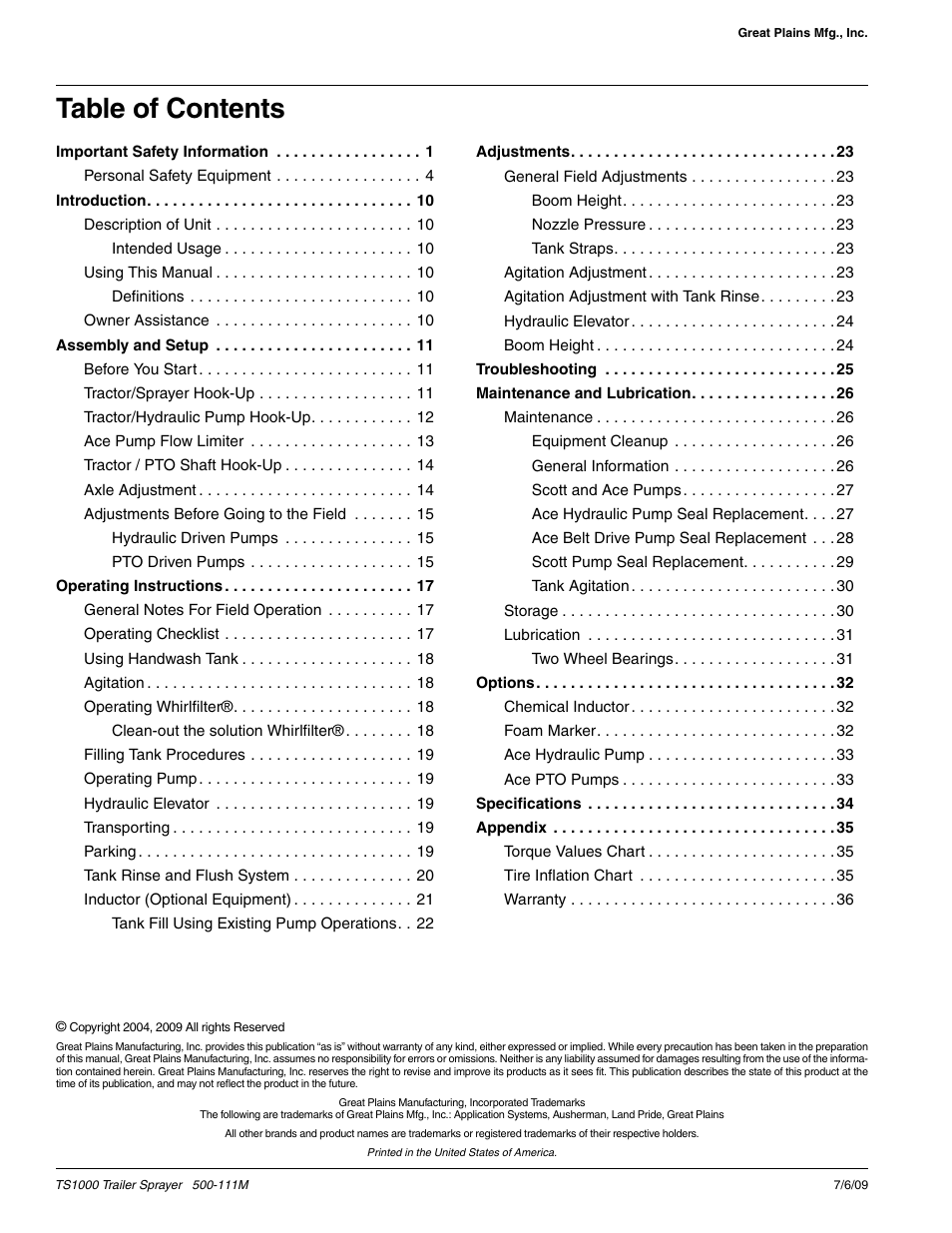 Great Plains TS1000 Trailer Sprayer Operator Manual User Manual | Page 2 / 39