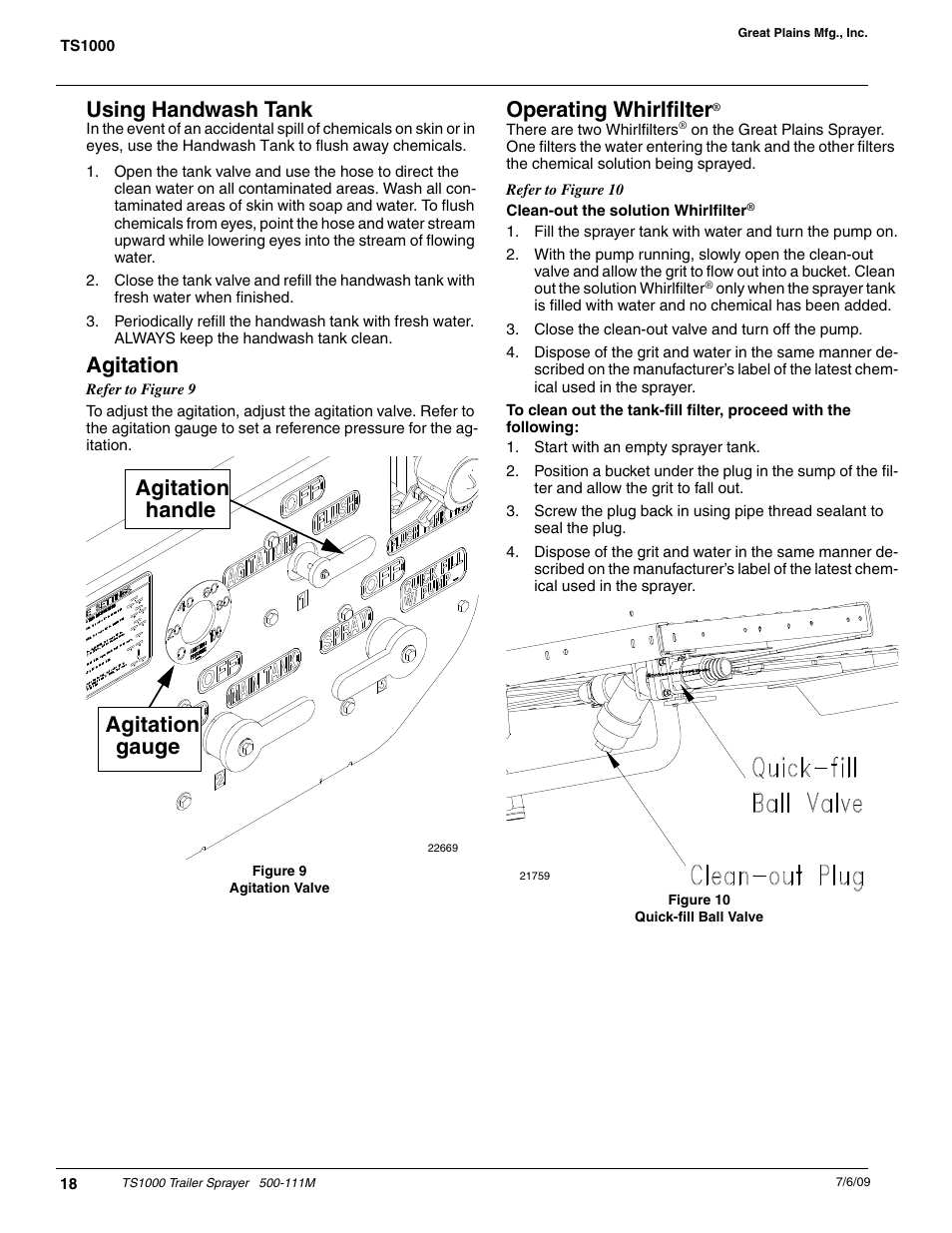 Using handwash tank, Agitation | Great Plains TS1000 Trailer Sprayer Operator Manual User Manual | Page 20 / 39