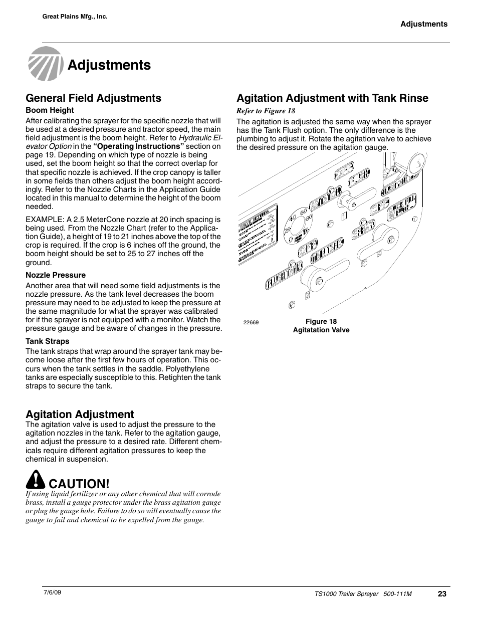 Adjustments, Caution, General field adjustments | Agitation adjustment, Agitation adjustment with tank rinse | Great Plains TS1000 Trailer Sprayer Operator Manual User Manual | Page 25 / 39