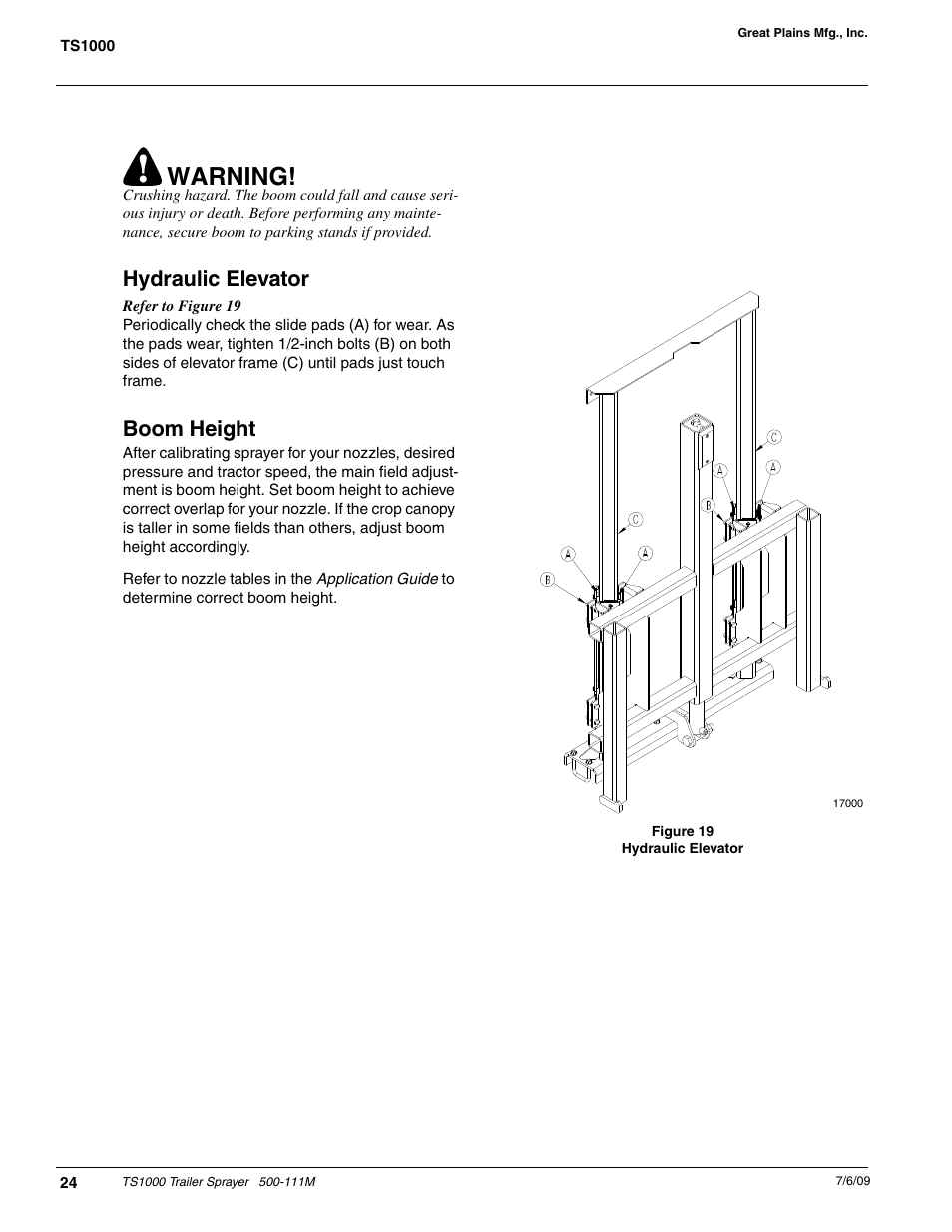 Warning, Hydraulic elevator, Boom height | Great Plains TS1000 Trailer Sprayer Operator Manual User Manual | Page 26 / 39