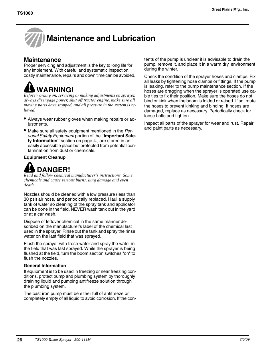 Maintenance and lubrication, Warning, Danger | Great Plains TS1000 Trailer Sprayer Operator Manual User Manual | Page 28 / 39