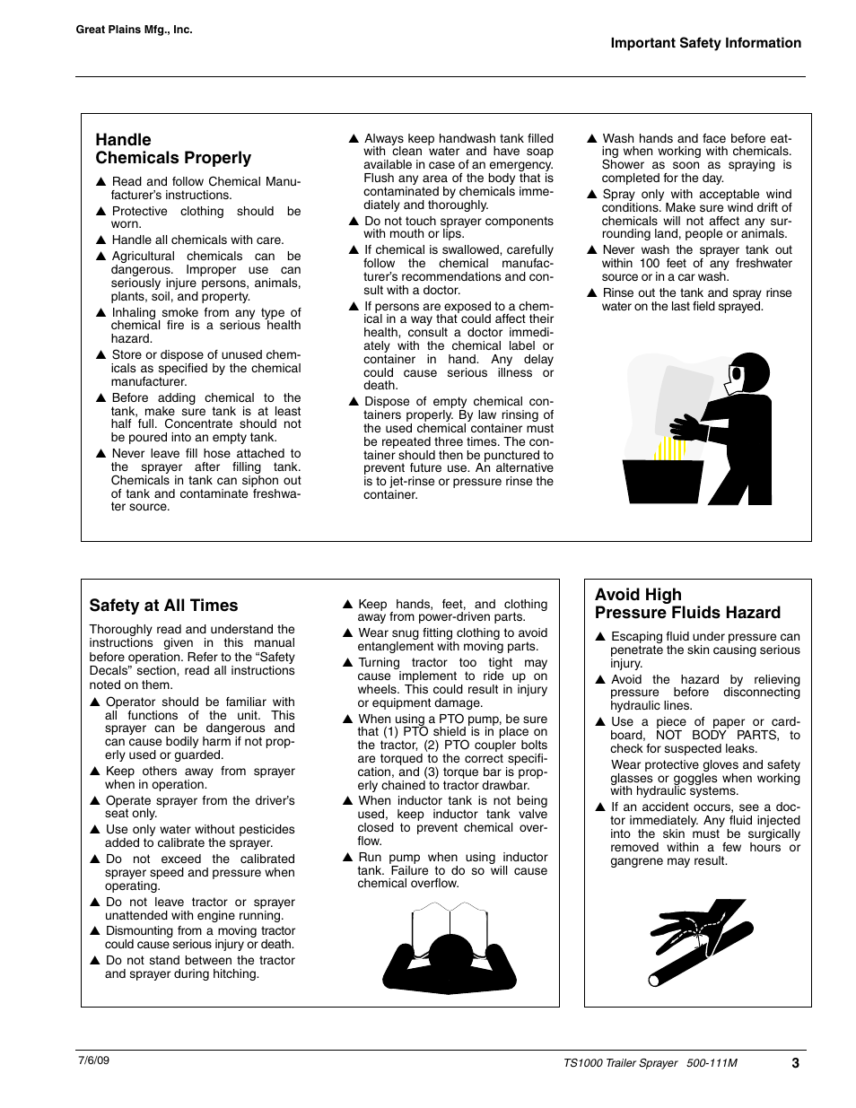 Avoid high pressure fluids hazard, Safety at all times, Handle chemicals properly | Great Plains TS1000 Trailer Sprayer Operator Manual User Manual | Page 5 / 39