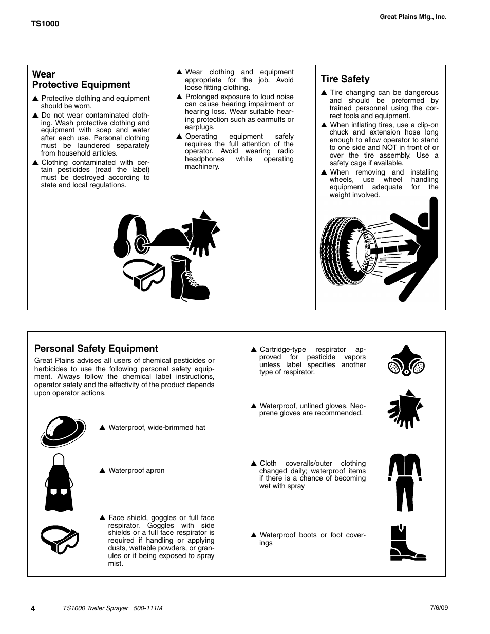 Wear protective equipment, Tire safety, Personal safety equipment | Great Plains TS1000 Trailer Sprayer Operator Manual User Manual | Page 6 / 39