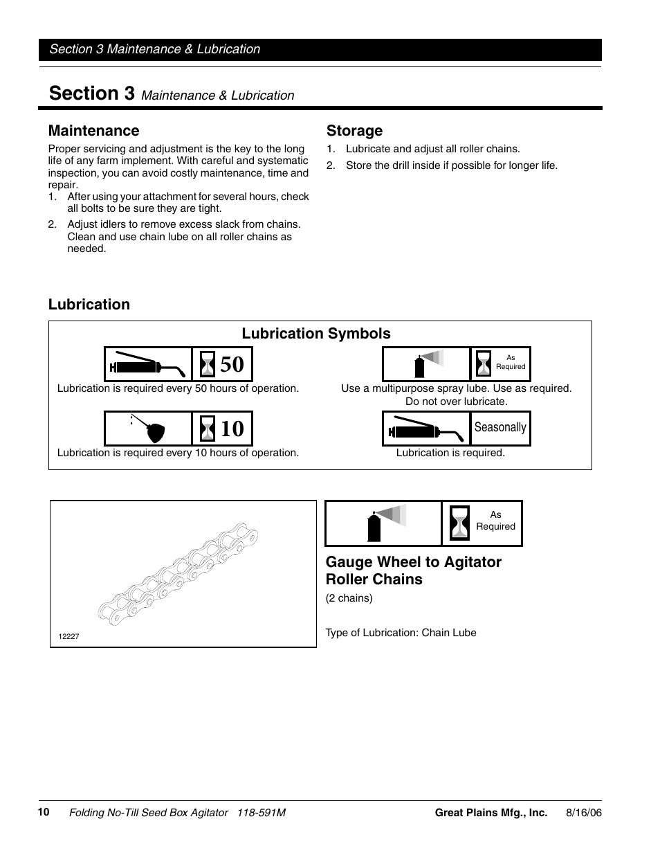 Maintenance, Storage, Lubrication | Lubrication symbols, Gauge wheel to agitator roller chains | Great Plains 2520 Operator Manual User Manual | Page 12 / 20