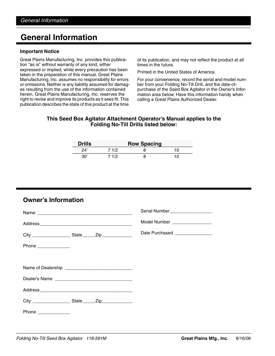 General information, Owner’s information | Great Plains 2520 Operator Manual User Manual | Page 2 / 20
