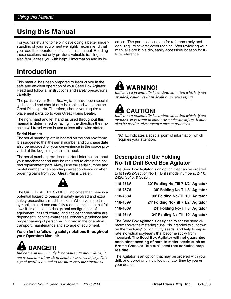 Using this manual introduction, Danger, Warning | Caution | Great Plains 2520 Operator Manual User Manual | Page 4 / 20
