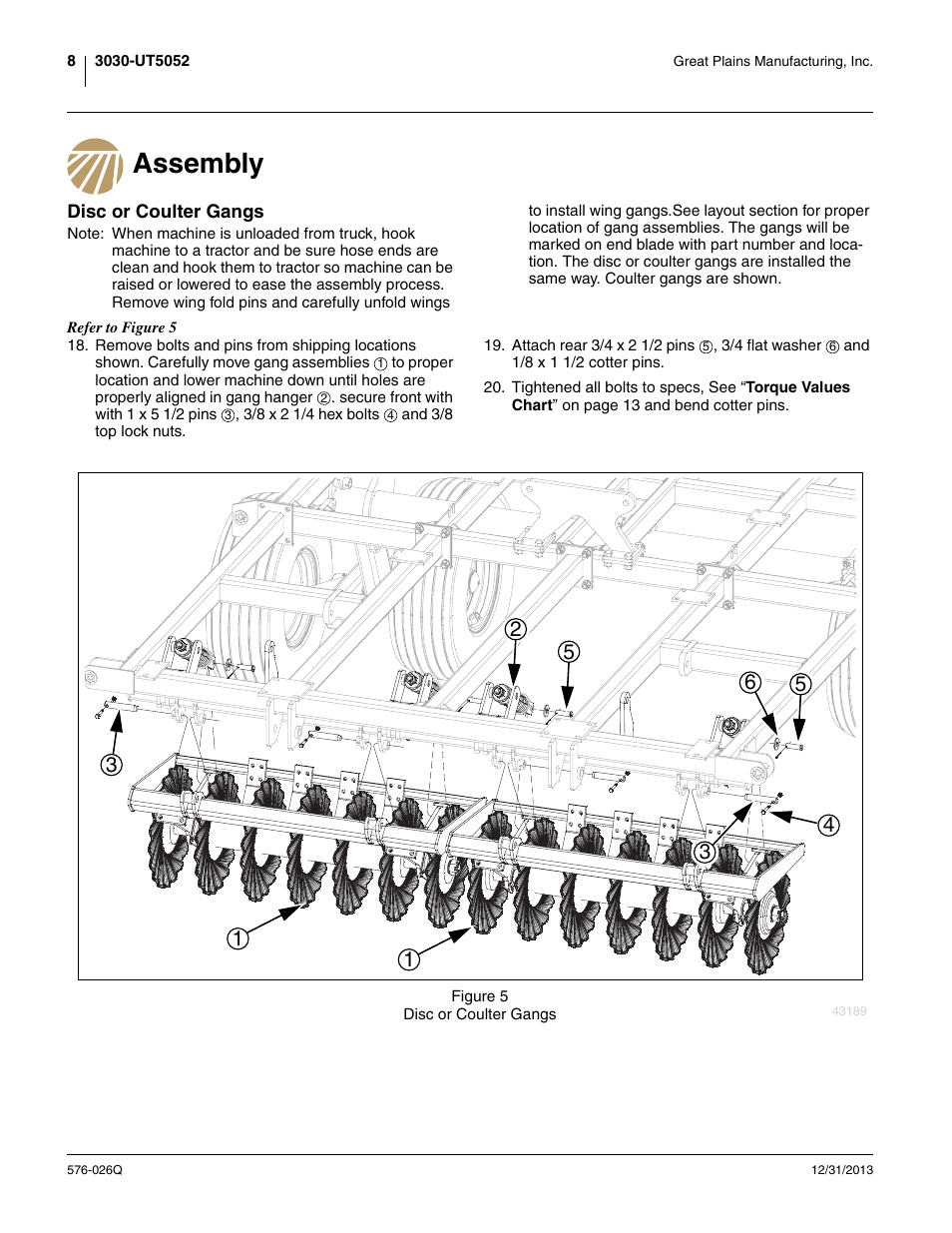Assembly, Disc or coulter gangs | Great Plains UT5052 Predelivery Manual User Manual | Page 12 / 48