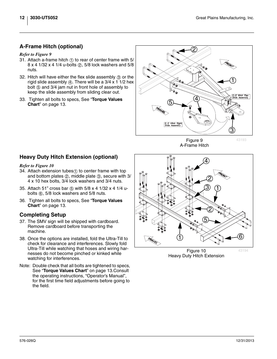 A-frame hitch (optional), Heavy duty hitch extension (optional), Completing setup | Great Plains UT5052 Predelivery Manual User Manual | Page 16 / 48
