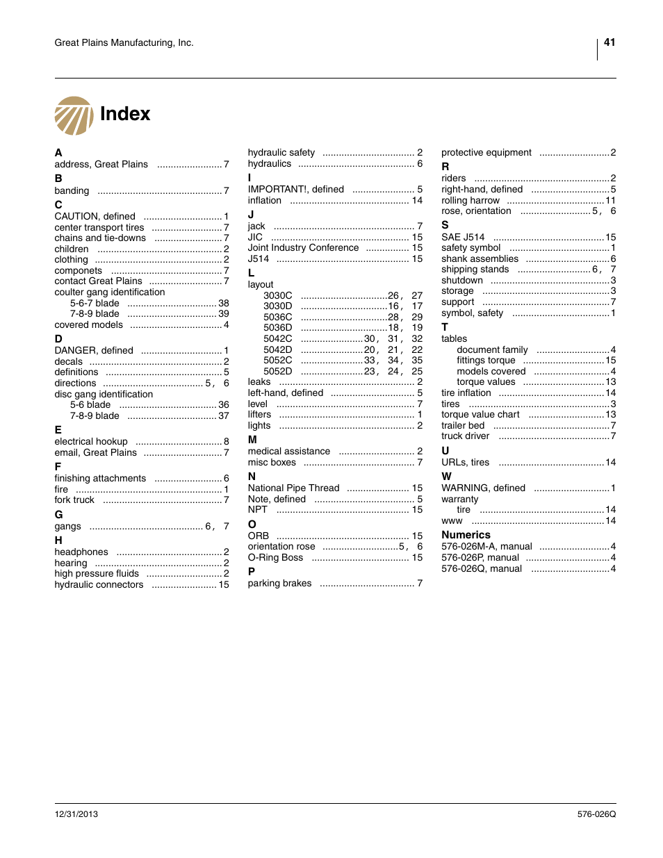 Index | Great Plains UT5052 Predelivery Manual User Manual | Page 45 / 48