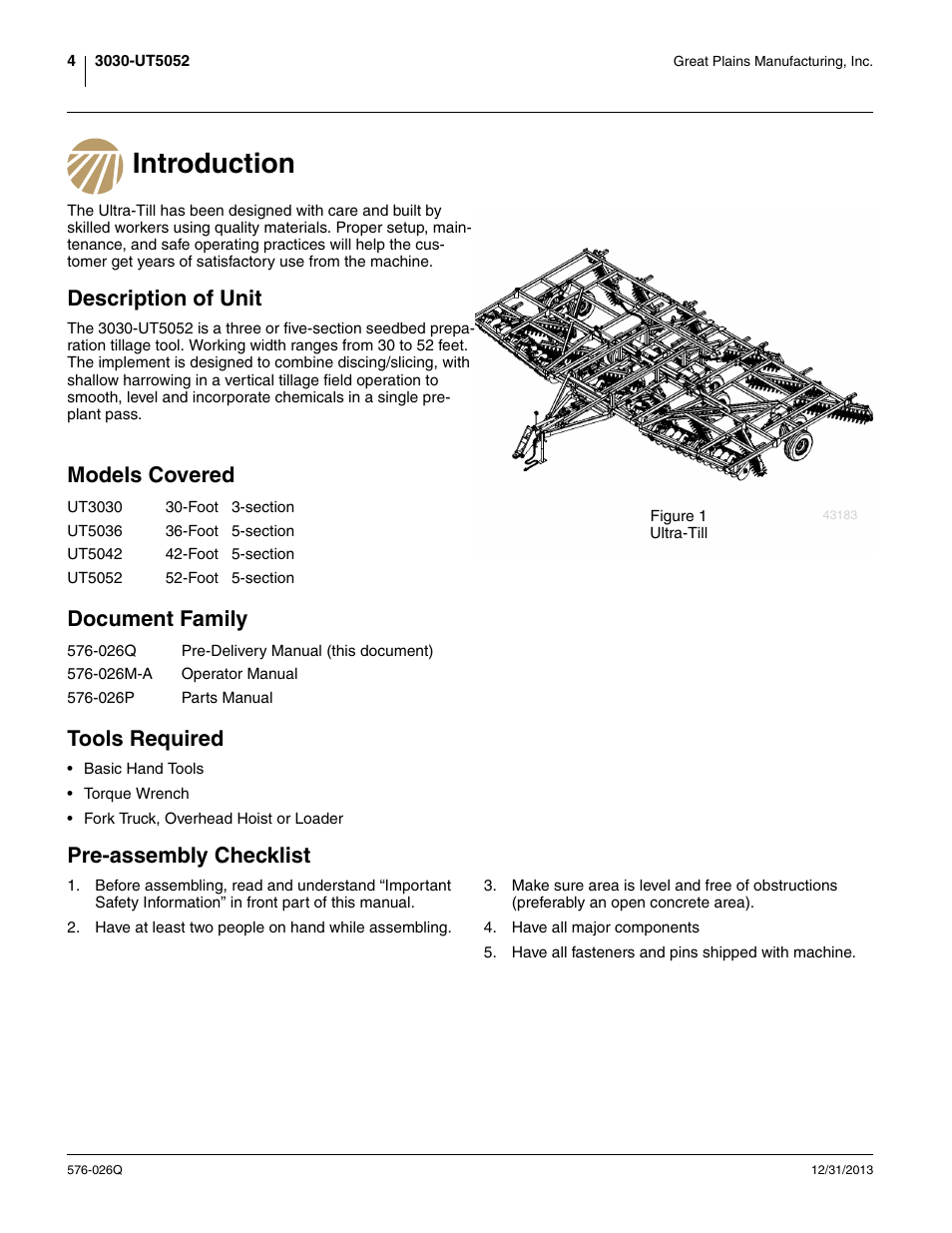 Introduction, Description of unit, Models covered | Document family, Tools required, Pre-assembly checklist, Models covered document family tools required | Great Plains UT5052 Predelivery Manual User Manual | Page 8 / 48
