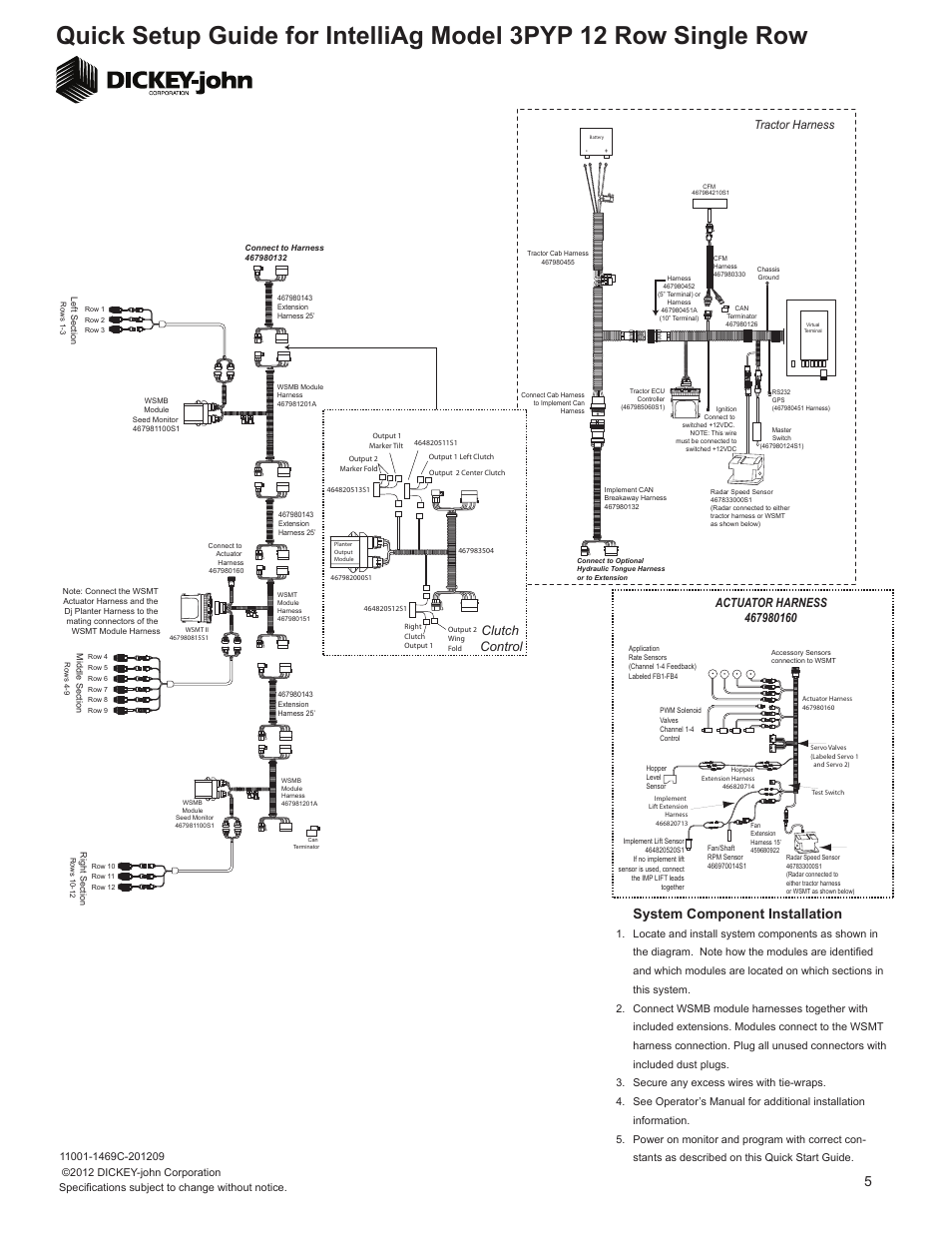 System component installation, Clutch control, Tractor harness | Great Plains 3PYP-1240 12-Row 36-Inch Quick Start User Manual | Page 5 / 5