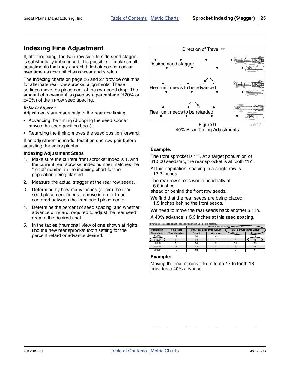 Indexing fine adjustment, Table of contents metric charts, Great plains manufacturing, inc | Great Plains YP2425A Material Rate User Manual | Page 27 / 70