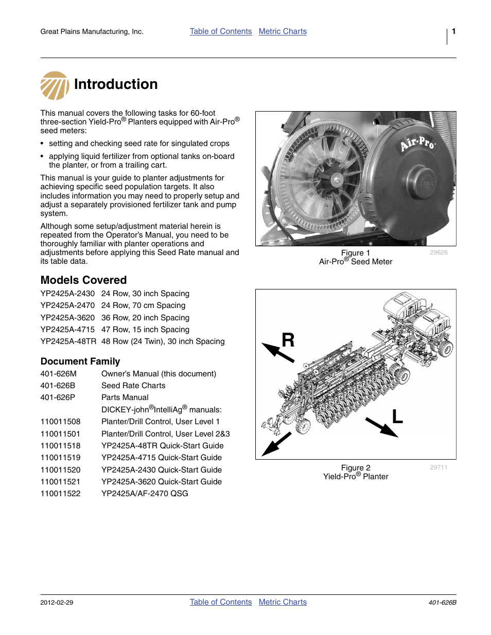 Introduction, Models covered, Document family | Introduction models covered | Great Plains YP2425A Material Rate User Manual | Page 3 / 70