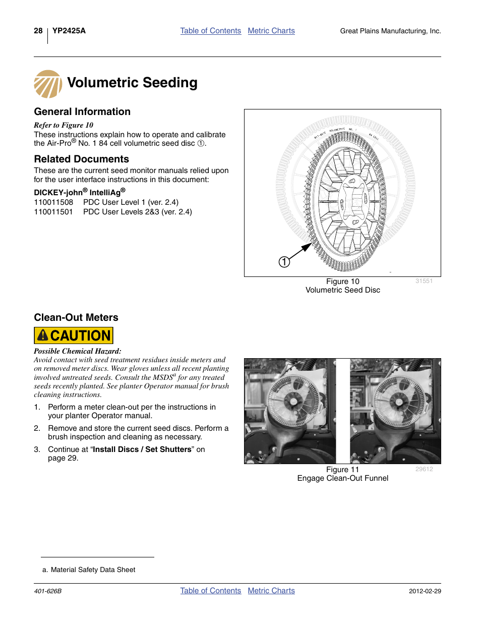 Volumetric seeding, General information, Related documents | Clean-out meters, Volumetric seeding general information, Related documents clean-out meters | Great Plains YP2425A Material Rate User Manual | Page 30 / 70