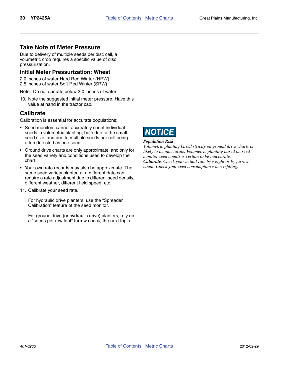 Take note of meter pressure, Initial meter pressurization: wheat, Calibrate | Great Plains YP2425A Material Rate User Manual | Page 32 / 70